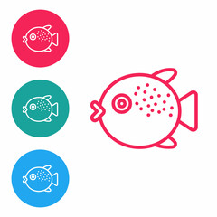 Red line Puffer fish icon isolated on white background. Fugu fish japanese puffer fish. Set icons in circle buttons. Vector.