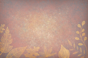 Grunge abstract watercolor background with golden leaves. 3D Render