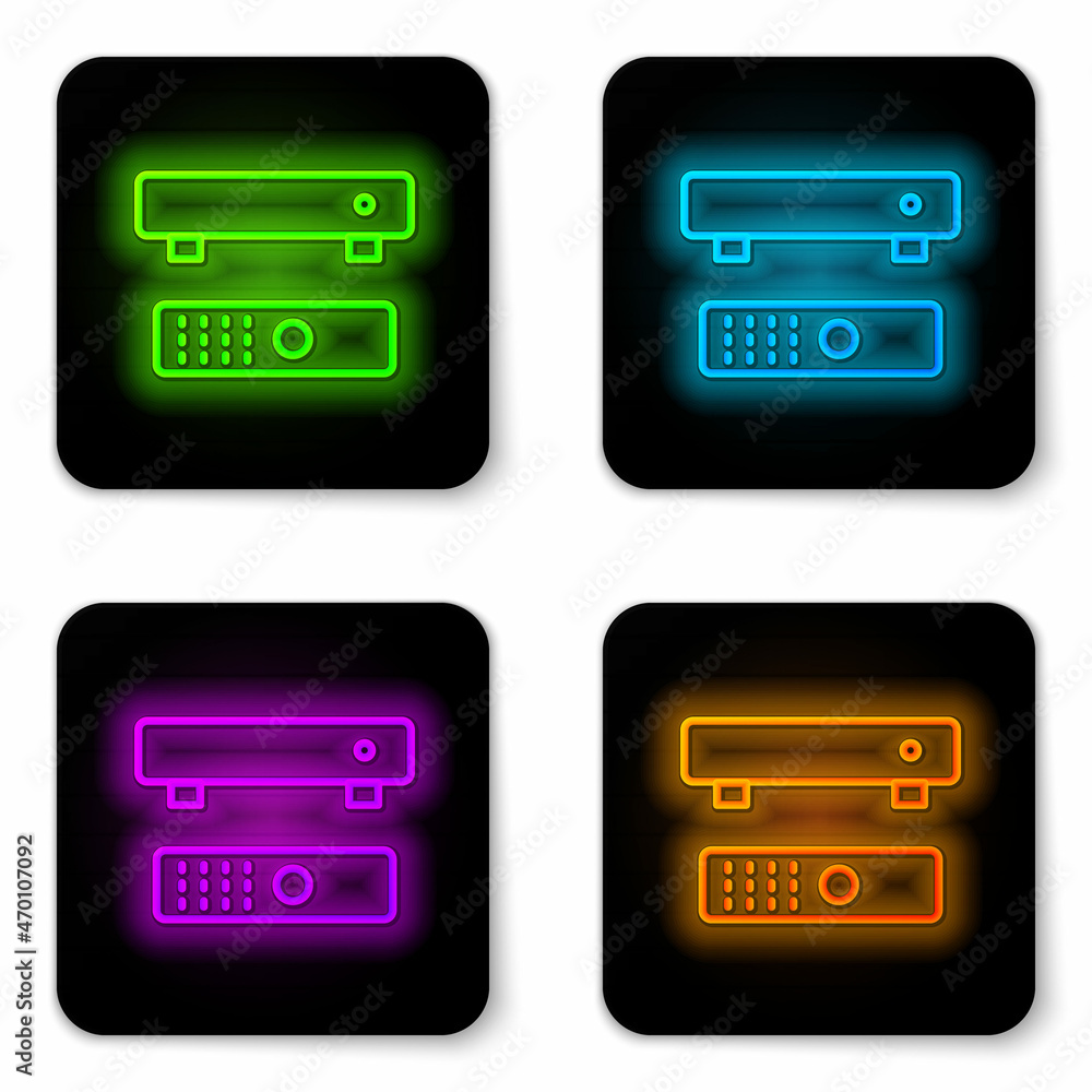Poster black multimedia and tv box receiver and player with remote controller icon isolated on black backgr