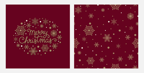 Merry Christmas greeting card and seamless pattern with snowflakes and snow. Gold on a red background. Vector illustration