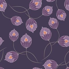 Abstract seamless vector botanical pattern with flowers. Can be used for wallpaper, covers, postcards, textiles, website background, print. Stylish dark background in blue-violet tones
