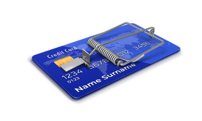 Bank credit card with mousetrap. Blue credit card, abusive credit, financial scam, revolving card, usury and microcredits. Debts with the bank 3d illustration