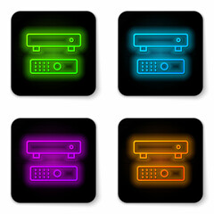 Obraz premium Black Multimedia and TV box receiver and player with remote controller icon isolated on black background. Abstract banner with liquid shapes. Vector