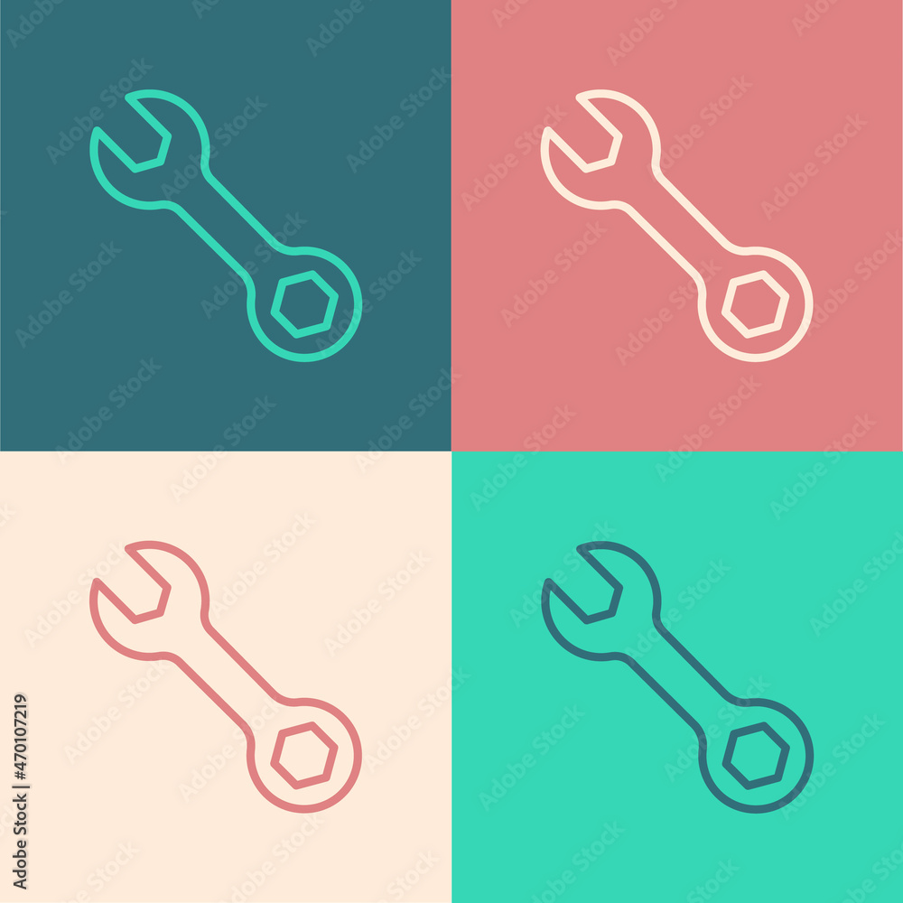 Poster pop art line wrench spanner icon isolated on color background. vector