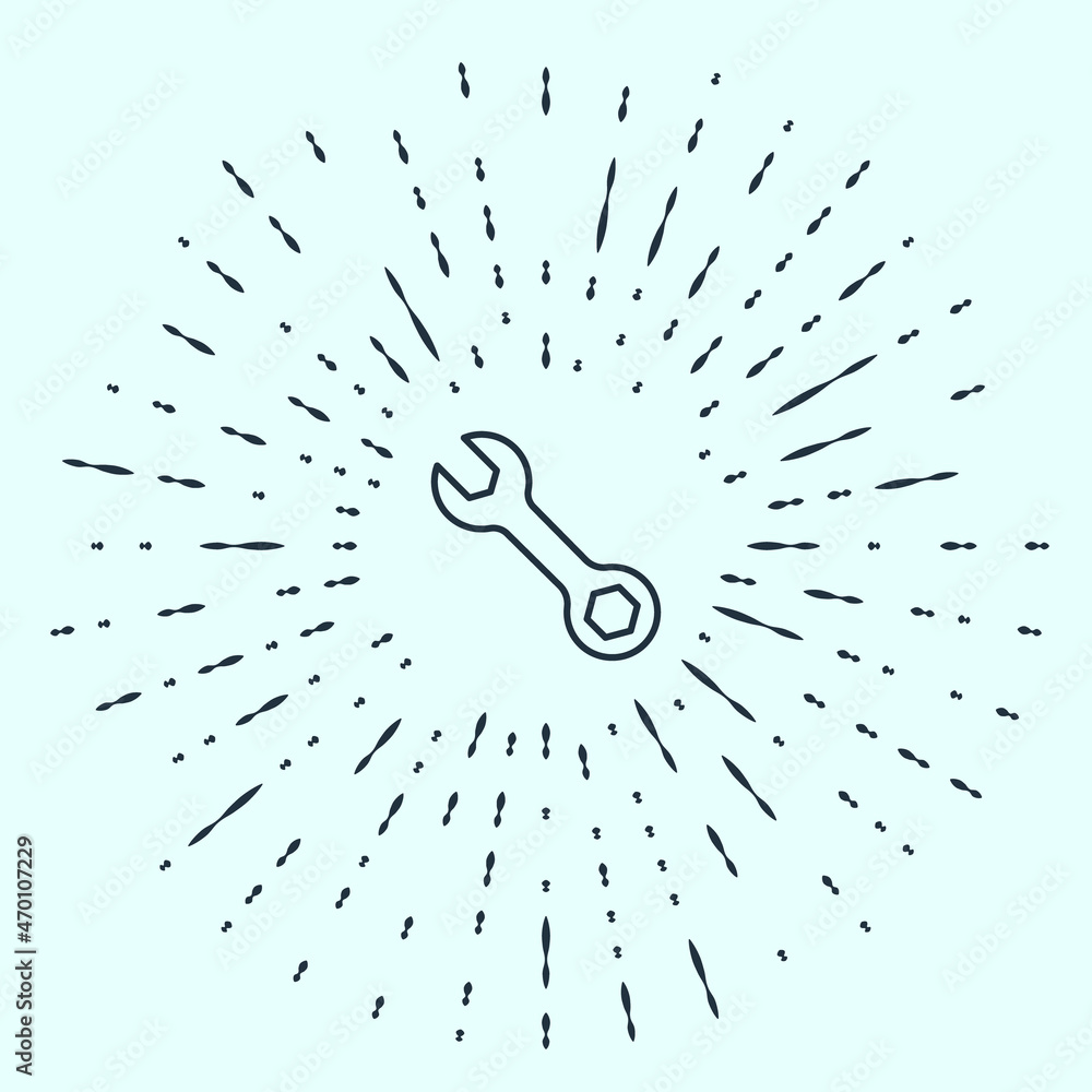 Poster black line wrench spanner icon isolated on grey background. abstract circle random dots. vector