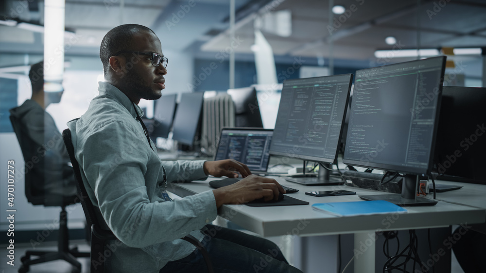 Poster Authentic Office: Professional Black IT Programmer Working on Desktop Computer. Male Website Developer and Software Engineer Developing App, Video Game. Terminal with Coding Programming Language