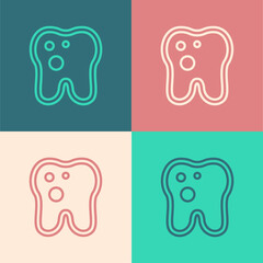 Pop art line Tooth with caries icon isolated on color background. Tooth decay. Vector