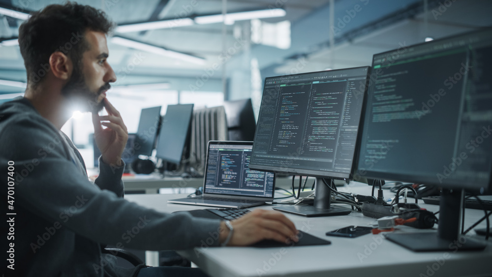 Poster Diverse Office: Enthusiastic White IT Programmer Working on Desktop Computer. Male Specialist Creating Innovative Software. Engineer Developing App, Program, Video Game. Writing Code in Terminal