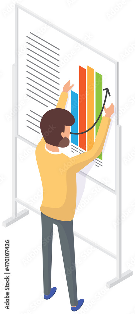 Aufkleber man studies business finance on presentation board, bar chart graphic report web infographic. busine
