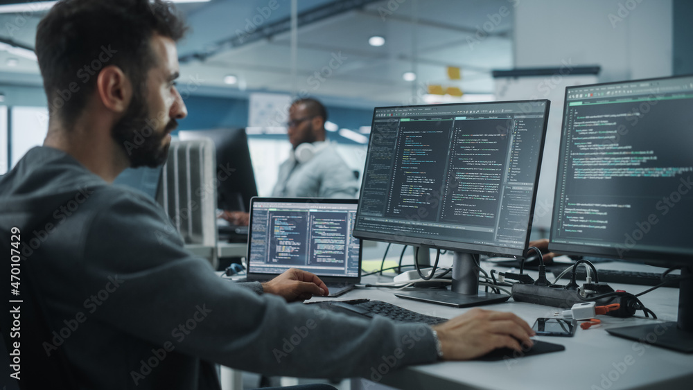 Poster Diverse Office: Enthusiastic White IT Programmer Working on Desktop Computer. Male Specialist Creating Innovative Software. Engineer Developing App, Program, Video Game. Writing Code in Terminal