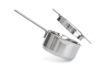 Fototapeta premium Steel saucepan with glass lid close up isolated on white background
