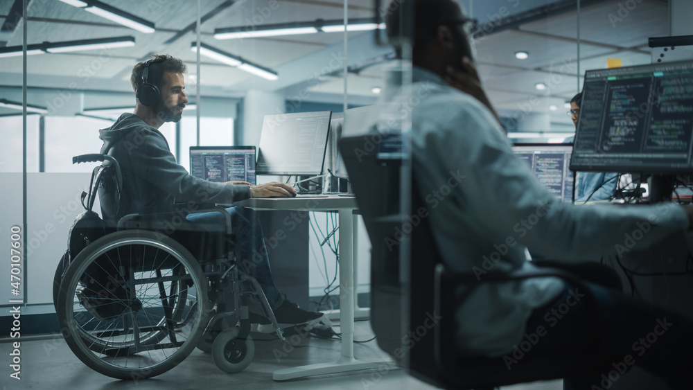 Poster Disability-Friendly Office: Amazing IT Programmer with Disability in a Wheelchair Working on Desktop Computer. Male Specialist Create Inspirational Software. Engineer Develop Innovative App, Program