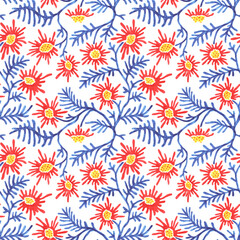 Seamless floral pattern. Isolated branches of flowers and leaves. Handmade with markers on paper. Summer print for textiles. Grunge texture.