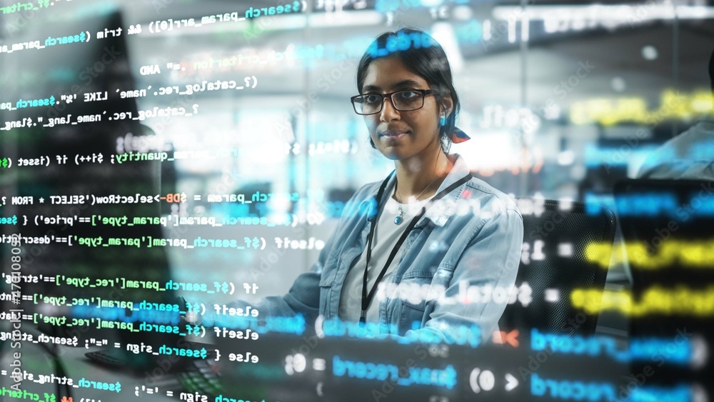 Poster Diverse Office: Portrait of Confident Indian IT Programmer Working on Desktop Computer. Professional Female Specialist Develop Innovative Software. Shot with Visual Effects of Running Code.