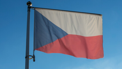 Waving colorful Czech Republic flag on blue sky background. National flag of Czechia.