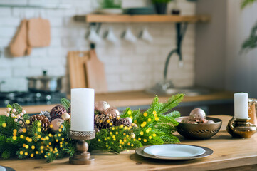Empty plates on wooden table close-up. Decorated Christmas tree in kitchen. Table setting on New...