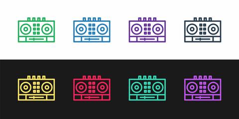 Set line DJ remote for playing and mixing music icon isolated on black and white background. DJ mixer complete with vinyl player and remote control. Vector