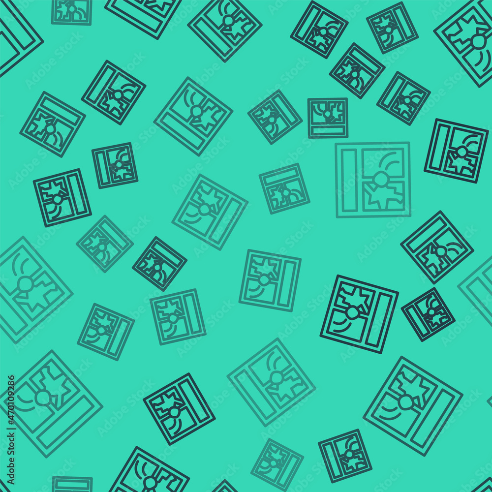 Poster black line broken window icon isolated seamless pattern on green background. damaged window. beaten 