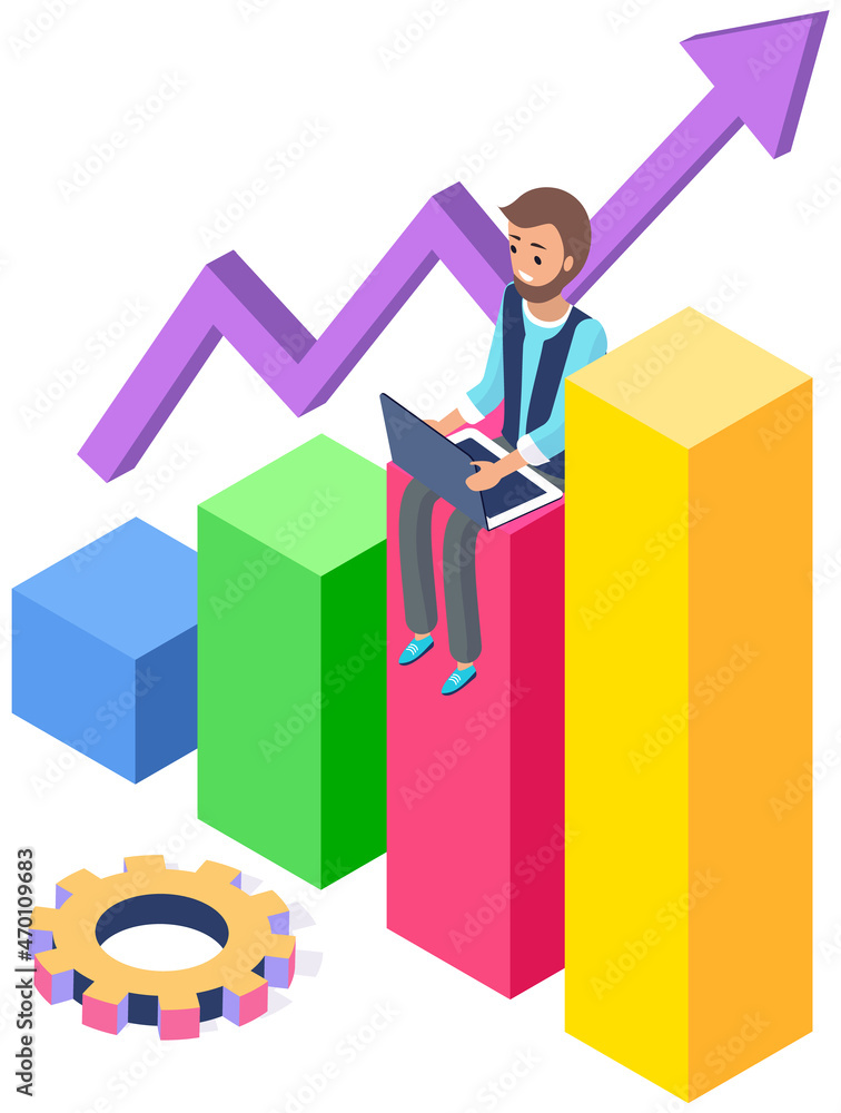 Poster man surfing internet, designs and creates application for smartphone. development of new functions f