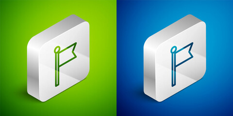 Isometric line Flag icon isolated on green and blue background. Victory, winning and conquer adversity concept. Silver square button. Vector