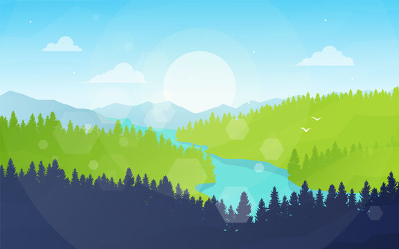 Mountain landscape, sunrise scene in nature with mountains, river, silhouettes of trees. Hiking tourism. Adventure. Minimalist graphic flyers. Polygonal flat design for coupons, vouchers, gift cards