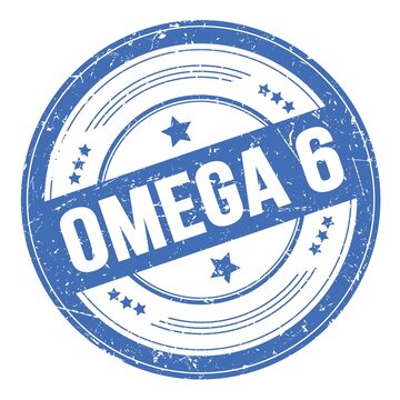OMEGA 6 text on blue round grungy stamp.