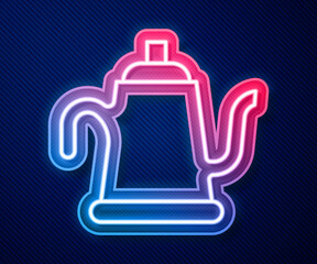 Glowing neon line Watering can icon isolated on blue background. Irrigation symbol. Vector