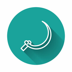 White line Sickle icon isolated with long shadow background. Reaping hook sign. Green circle button. Vector