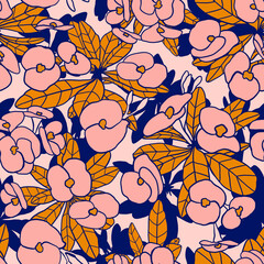 Fototapeta na wymiar Colorful hand drawn floral seamless pattern. Pink flowers and orange leaves. Cute background.