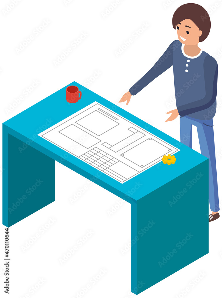 Poster man stand by table with paper plan. person work on mockup of machinery. architect or designer workin