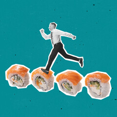 Contemporary art collage of young man running on sushi set isolated over blue background. Concept of Japanese food