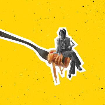 Naklejki Contemporary art collage of young stylish woman sitting on fork with deliscious spaghetti, pasta isolated over red background. Retro vintage style