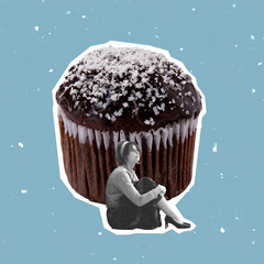 Contemporary art collage of woman in retro style suit sitting near chocolate muffin with coconut flakes. Hiding from snow