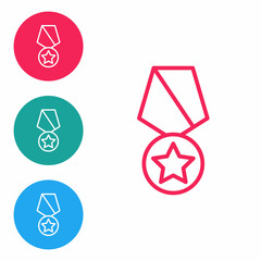 Red line Military reward medal icon isolated on white background. Army sign. Set icons in circle buttons. Vector