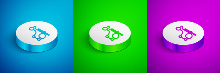 Isometric line Helicopter aircraft vehicle icon isolated on blue, green and purple background. White circle button. Vector