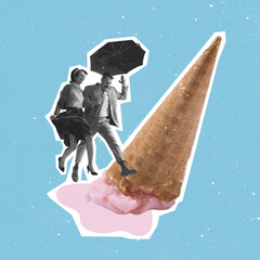 Contemporary art collage of beautiful couple with umbrella jumping over melted ice cream isolated over blue background