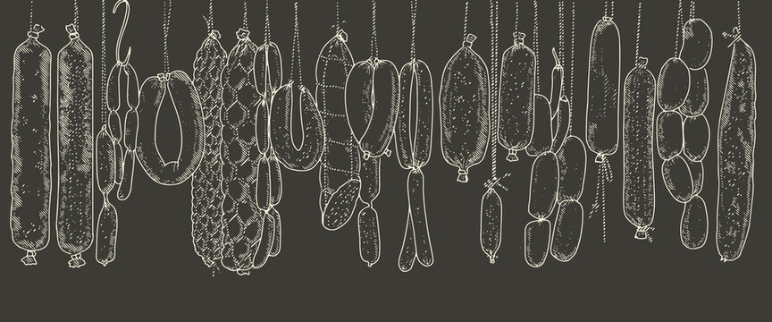 Seamless Pattern Background Of Sausage Products And Meat Delicacies. Sausages, Bacon, Lard, Salami In Sketch Style.