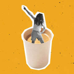 Contemporary art collafe of active cheerful man standing in a coffee cuo isolated over yellow background. Energetic drink