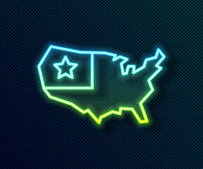 Glowing neon line USA map icon isolated on black background. Map of the United States of America. Vector