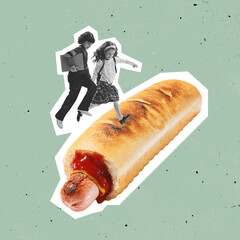 Contemporary art collage of cheerful children, boy and girl, pupils jumpink over hot-dog isolated...