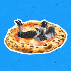 Contemporary art collage of woman and little girl lying on delicious pizza isolated over blue background. Retro style