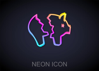 Glowing neon line Broken piggy bank icon isolated on black background. Icon saving or accumulation of money, investment. Vector