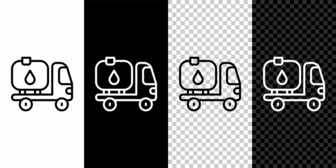 Set line Fuel tanker truck icon isolated on black and white, transparent background. Gasoline tanker. Vector