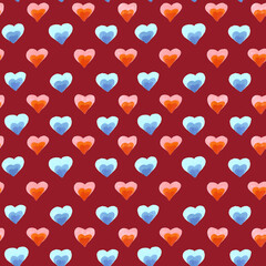 Seamless pattern of pink and blue hearts drawn by markers on a burgundy background.  For fabric, sketchbook, wallpaper, wrapping paper.