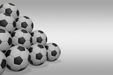 3d classic soccer balls stacked pyramid on empty gray background