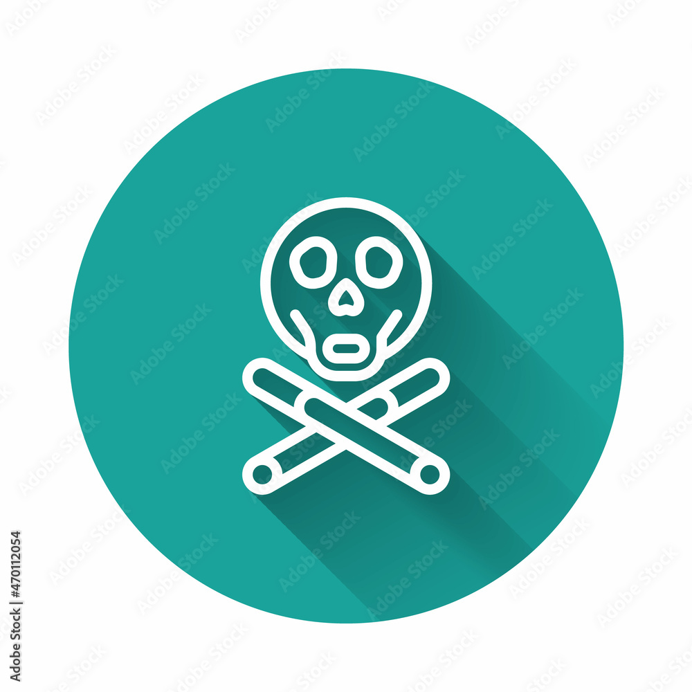 Poster white line bones and skull as a sign of toxicity warning icon isolated with long shadow background. 