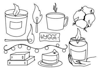 Obraz premium Cozy set of hugge candles, match, book, lettering. Kawaii doodle contour digital art. rint for banners, posters, web, stickers, posts, paper, cards.