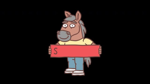 Horse character holds web button with inscription subscribe. Frame by frame animation. Alpha channel. Looped animation