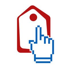 Online shopping icon including price tag and hand.