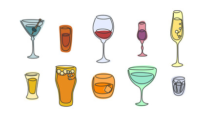 One line drawing martini rum red wine liquor champagne tequila beer whiskey vermouth vodka glass in set. Cartoon graphic sketch. Continuous line way. Hand drawn party drinks concept. Freehand drawing